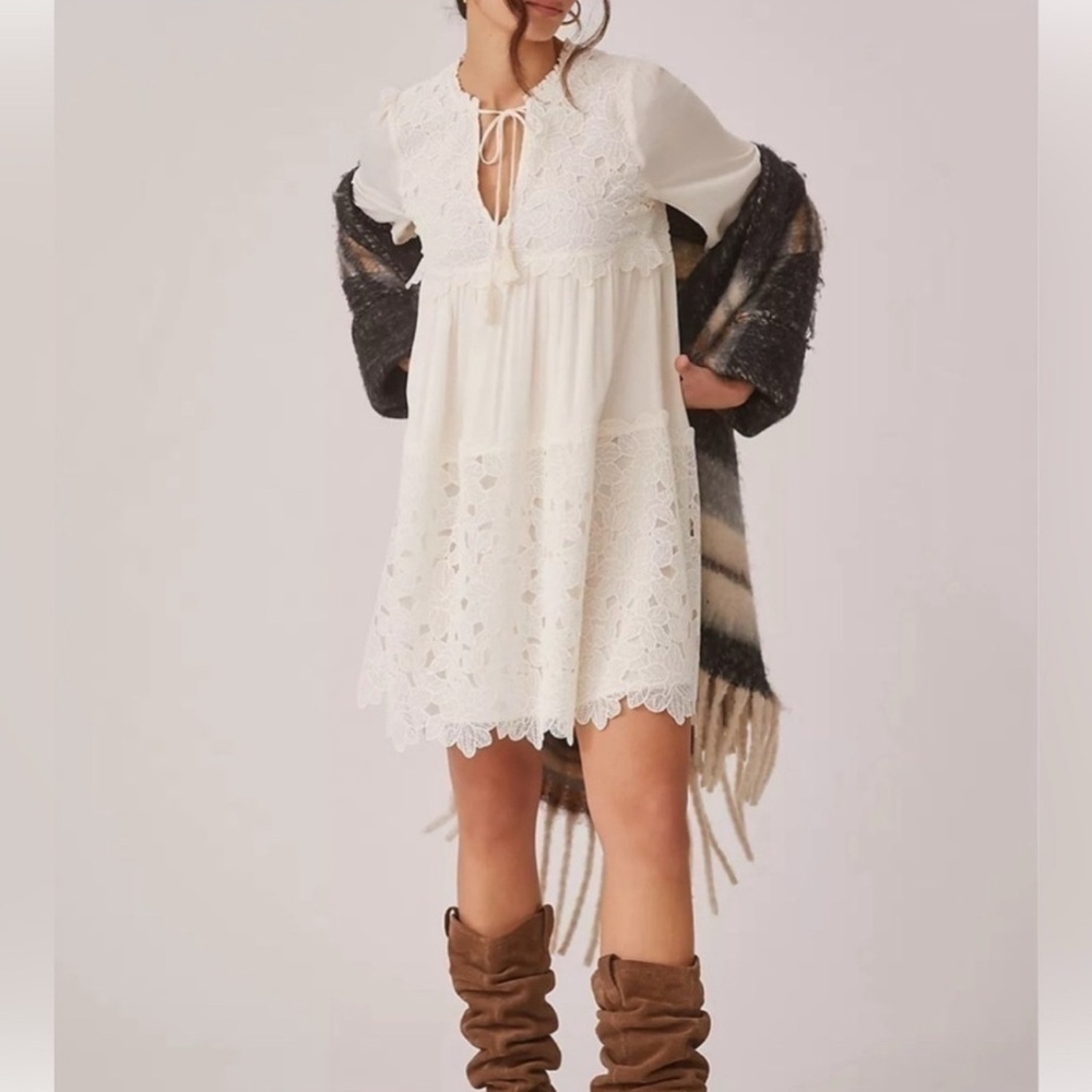 NWT Ivory Anthropologie Embroidered Lace Tunic Dress - SZ L